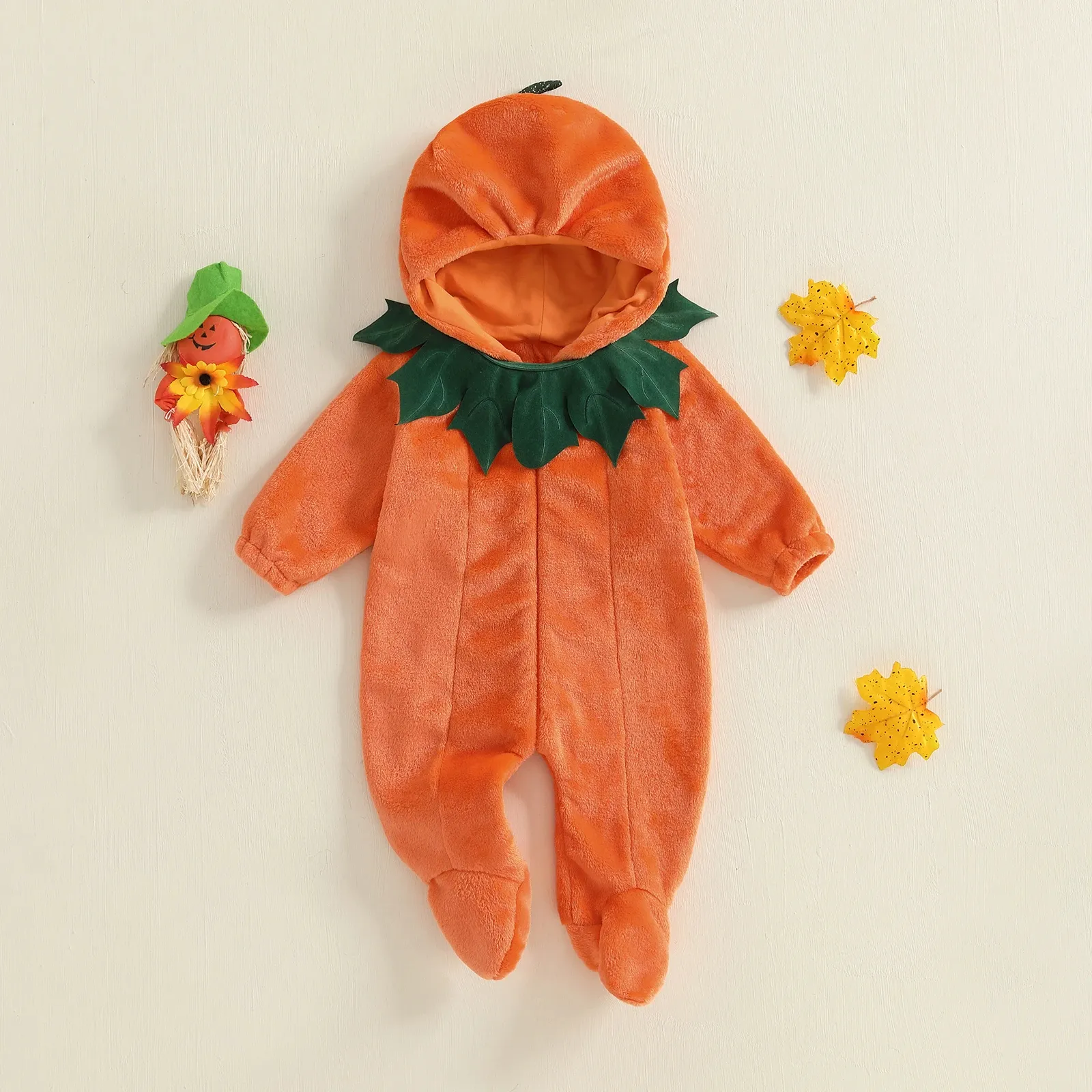 0-12 Months Baby Halloween Pumpkin Romper - Long Sleeve Hooded Costume