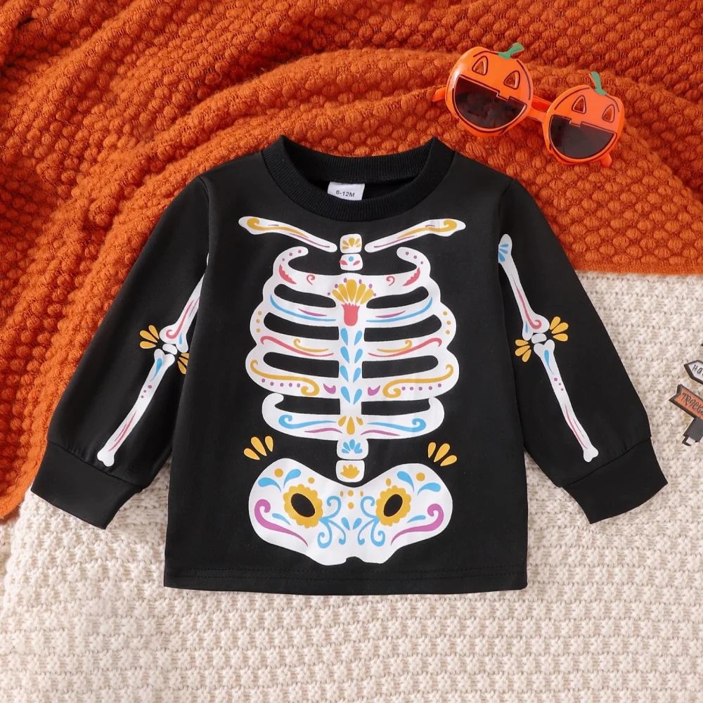 Baby Halloween Skeleton Print Outfit Set - Toddler Day of the Dead Top & Pants - Image 2