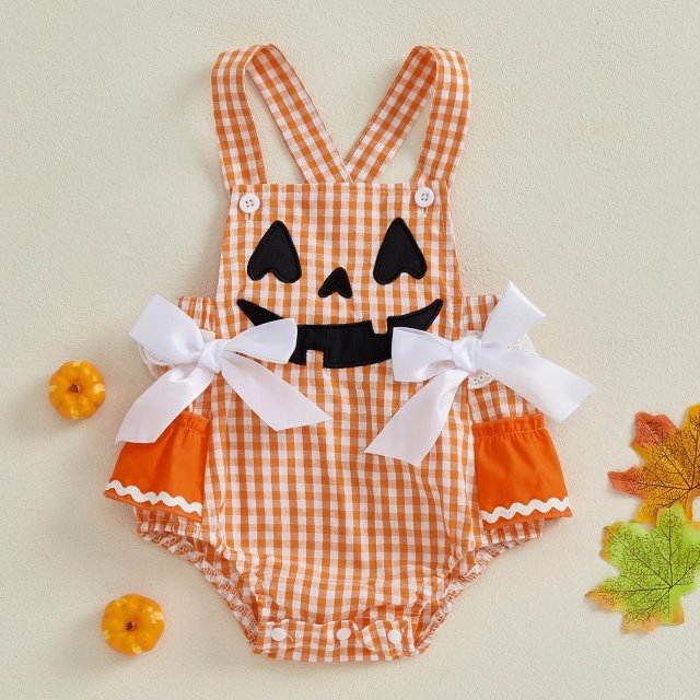 Infant Baby Girl Halloween Pumpkin Plaid Romper Sleeveless Bodysuit 0-18M