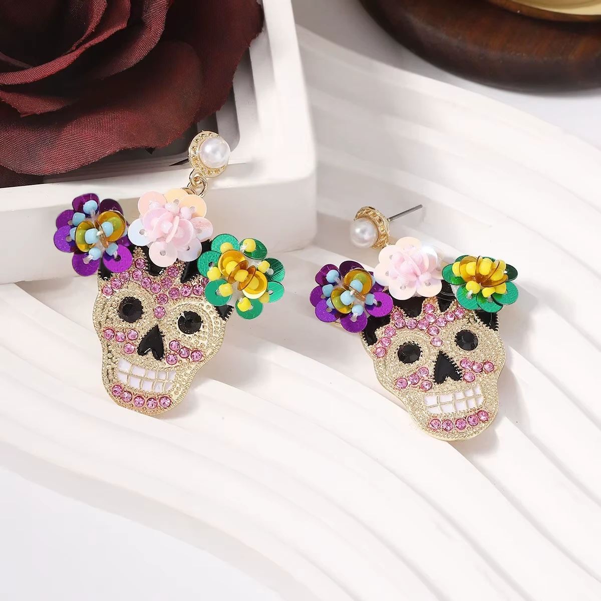 Metal Rhinestone Skull Dangle Earrings for Women - Quirky Halloween Jewelry - Image 5
