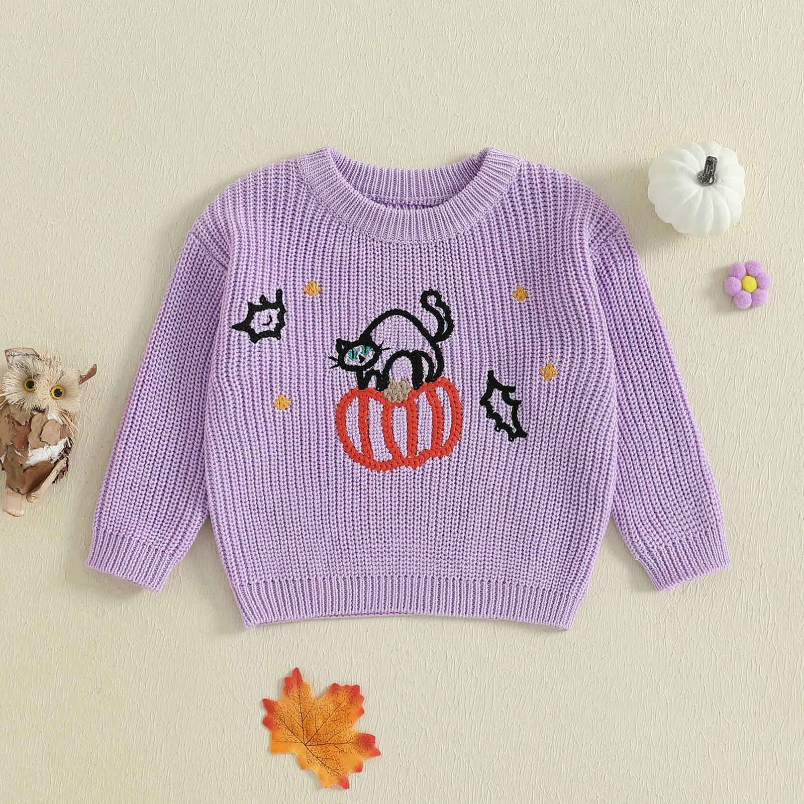 Girls Pumpkin Sweater Long Sleeve Crew Neck Warm Winter Halloween Outfit - Image 2