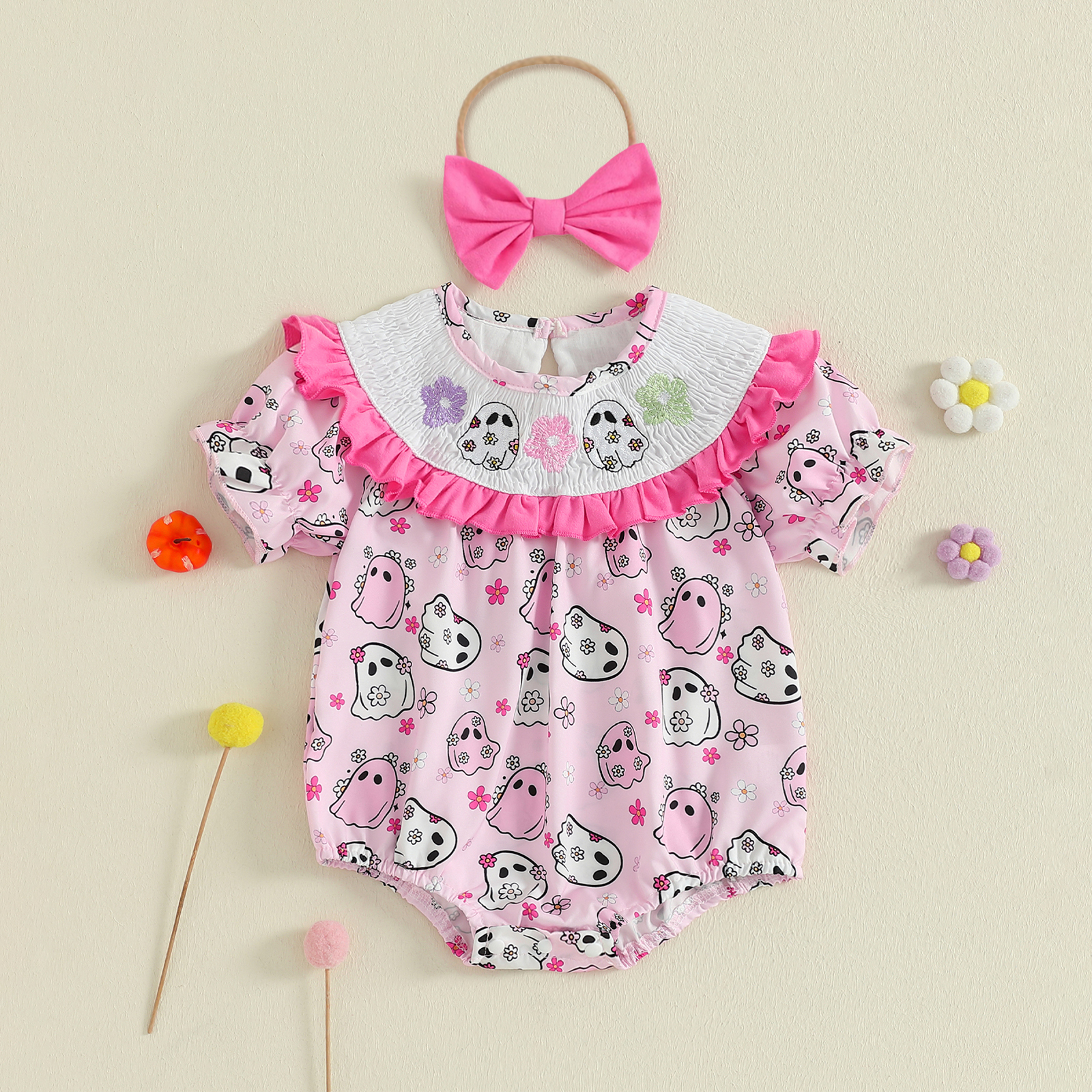 Baby Girl Halloween Ghost Print Romper with Bow Headband
