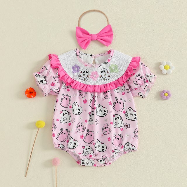 Baby Girl Halloween Ghost Print Romper with Bow Headband
