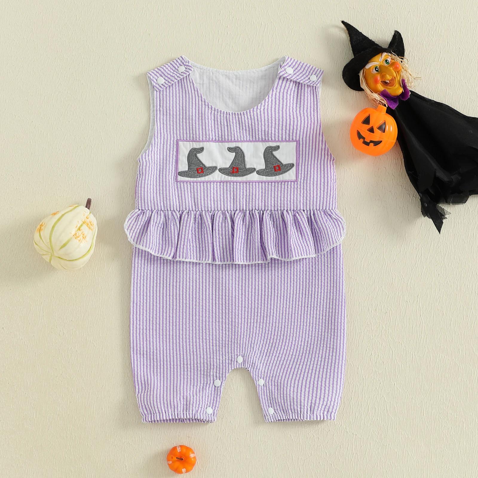 Baby Girl Halloween Witch Hat Embroidered Striped Jumpsuit Romper
