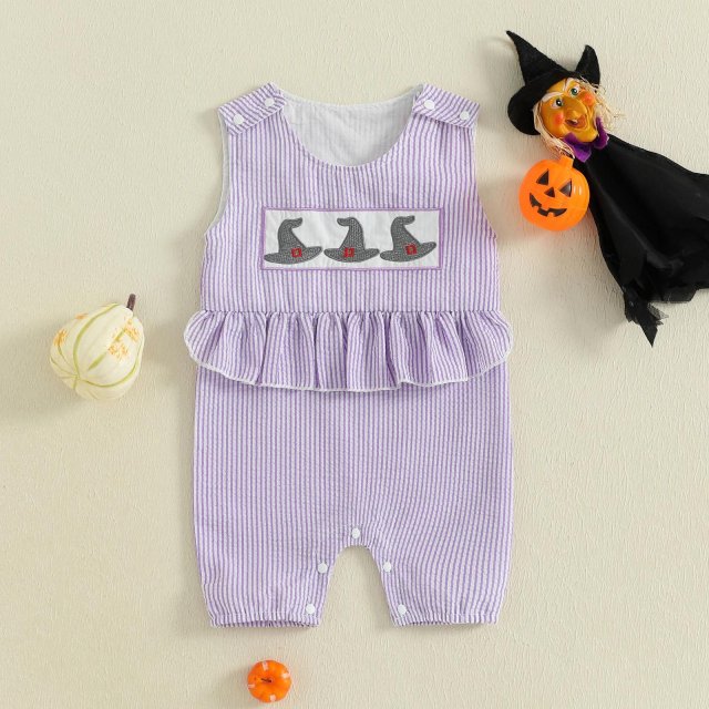 Baby Girl Halloween Witch Hat Embroidered Striped Jumpsuit Romper
