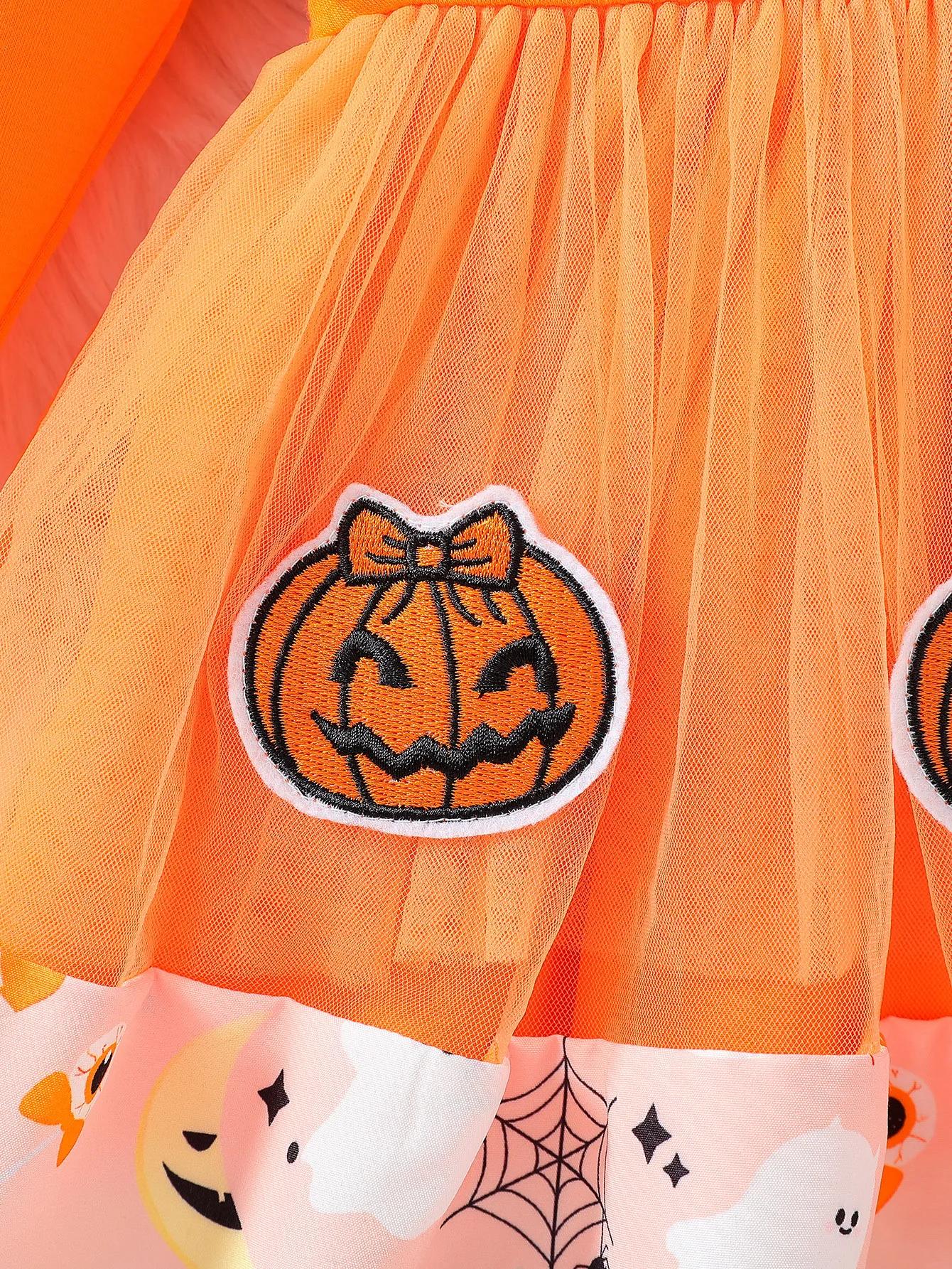 Baby Girl Halloween Pumpkin & Ghost Print Dress with Headband - Image 4