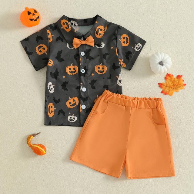 Kids Boys Halloween Pumpkin Bat Print Bowtie Shirt & Shorts 2-Piece Set