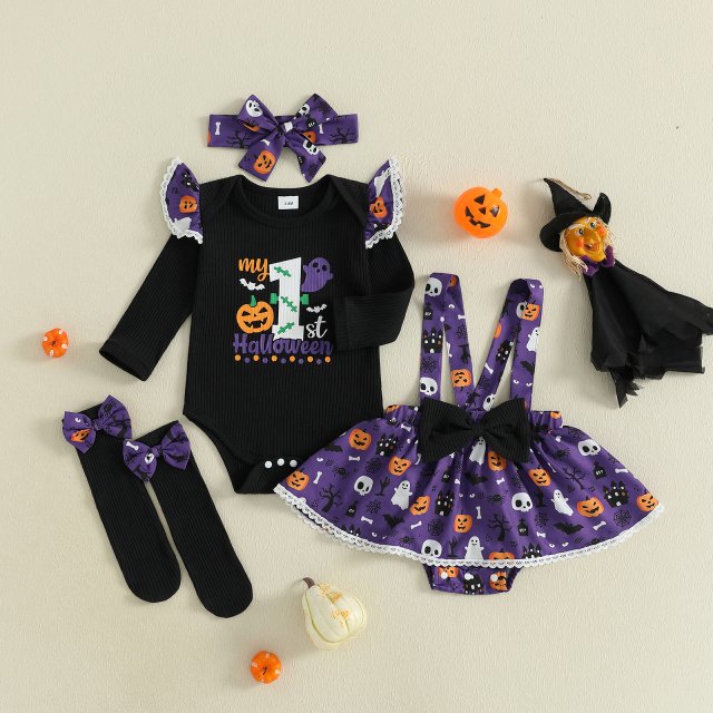 Baby Girl Halloween Outfit 4Pcs Set Romper Skirt Headband Socks