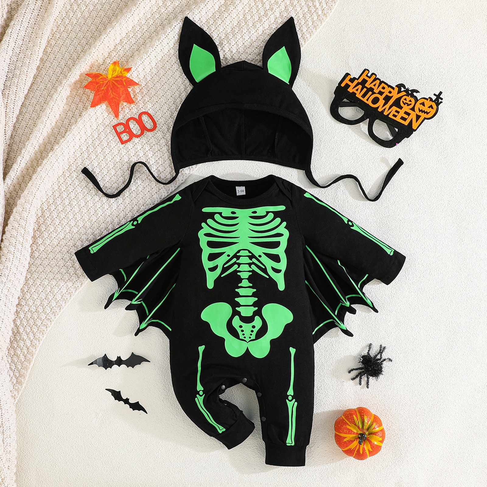 Toddler Baby Bat Halloween Skeleton Printed Jumpsuit with Hat - Image 2