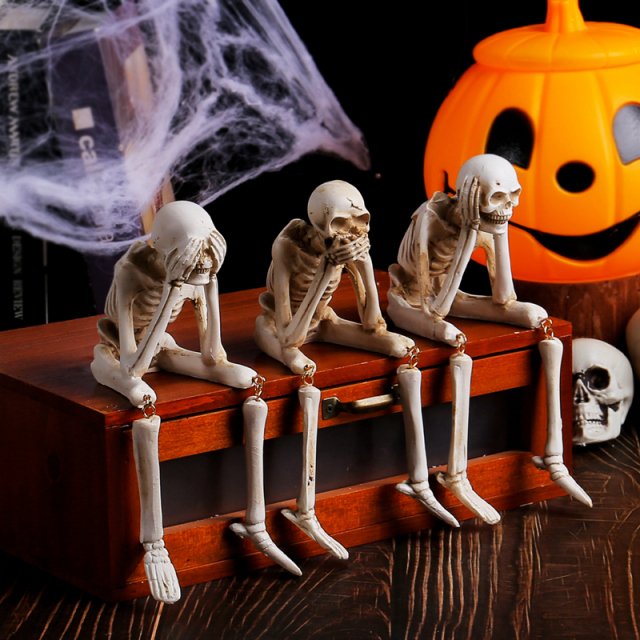 Halloween Skull Skeleton Ornaments Set - 3pcs Resin Table Decorations