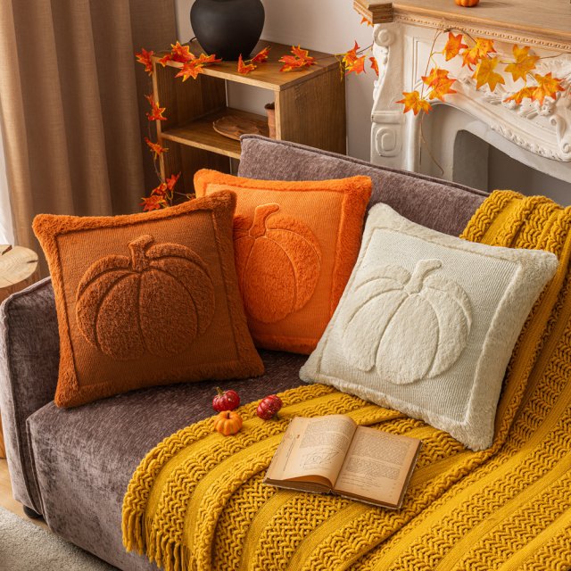 Fall Harvest Pumpkin & Maple Leaf Embroidered Plush Cushion Cover 18x18