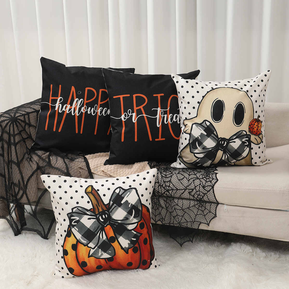 4pcs Halloween Pillow Covers with Ghost, Skeleton & Trick or Treat Designs - Image 4