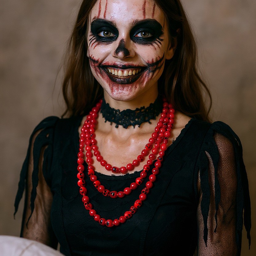 Halloween Gothic Skull Necklace with Red Multi-Layered Design - Image 2
