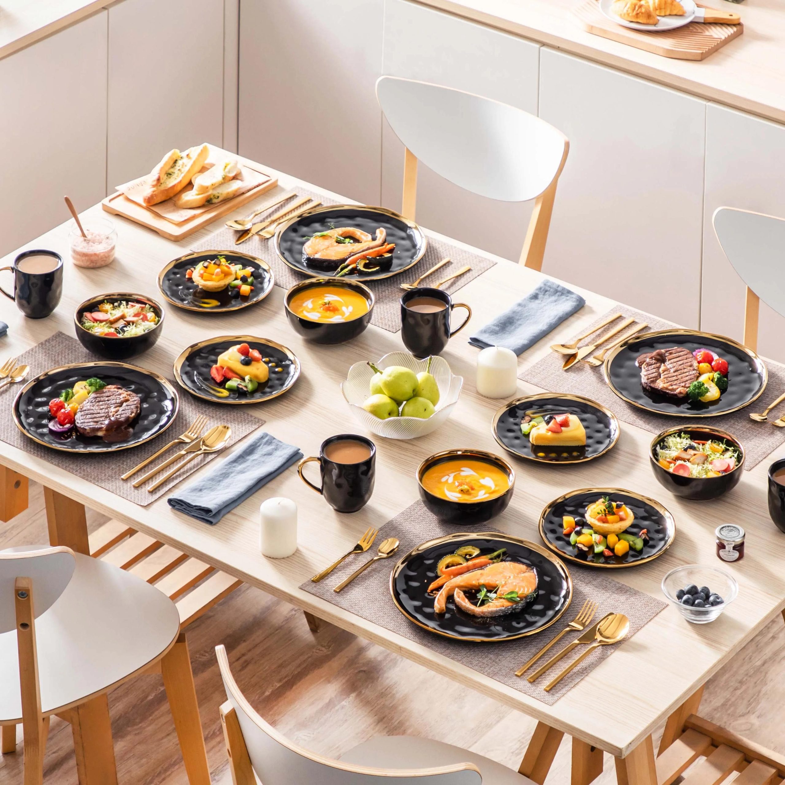 Black Porcelain Dinnerware Set with Gold Trim - Image 2