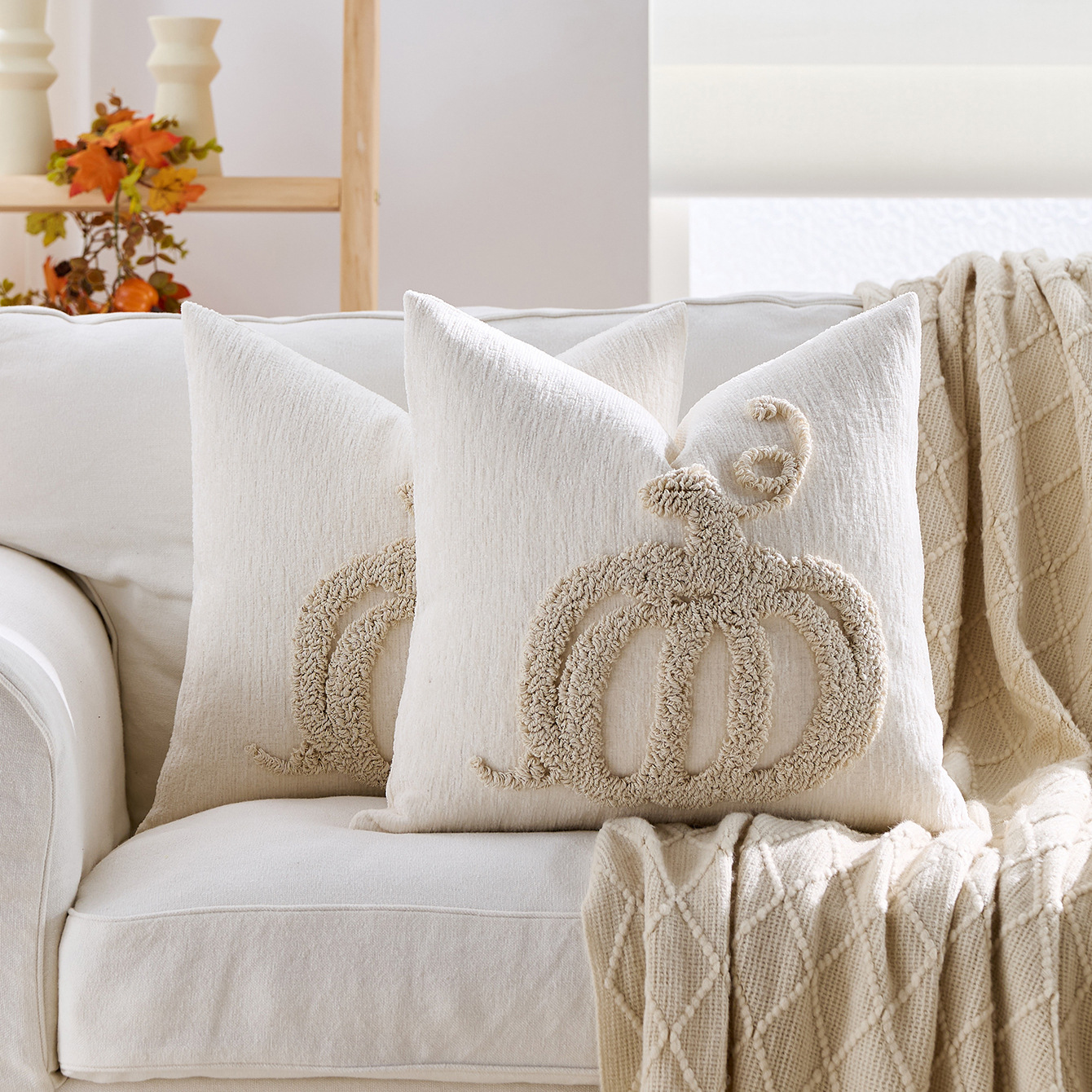 Pumpkin Tufted Chenille Throw Pillow Cover 18x18” – Autumn Harvest Cushion - Image 3