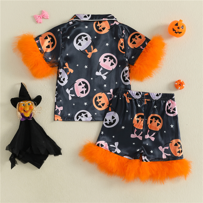 Adorable Pumpkin Print Baby Girl Halloween Pajamas Set - Image 3