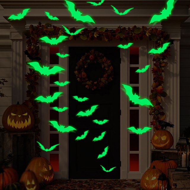 16pcs Glow-in-the-Dark Halloween Bat Wall Stickers - Spooky Party Décor
