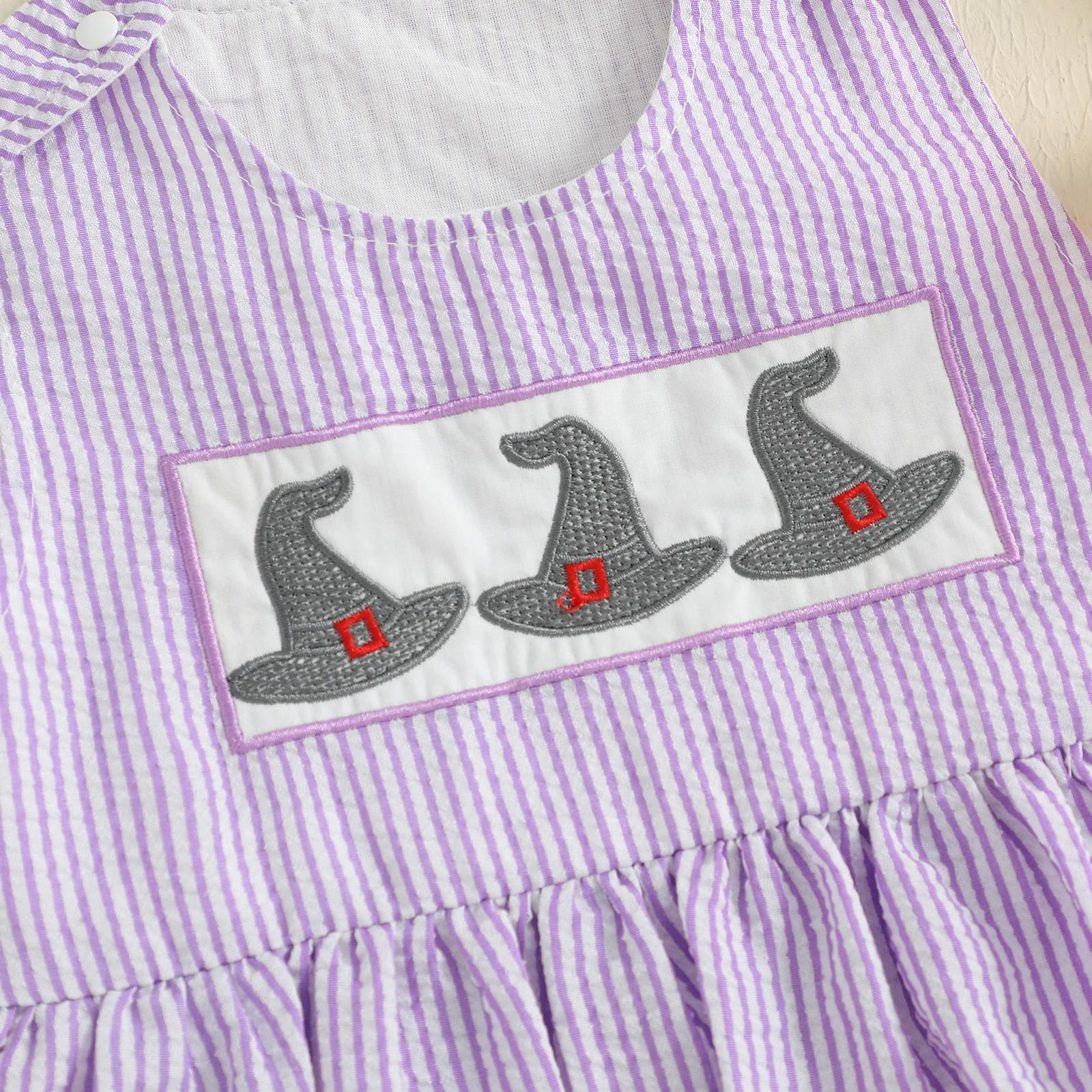 Baby Girl Halloween Witch Hat Embroidered Striped Jumpsuit Romper - Image 5