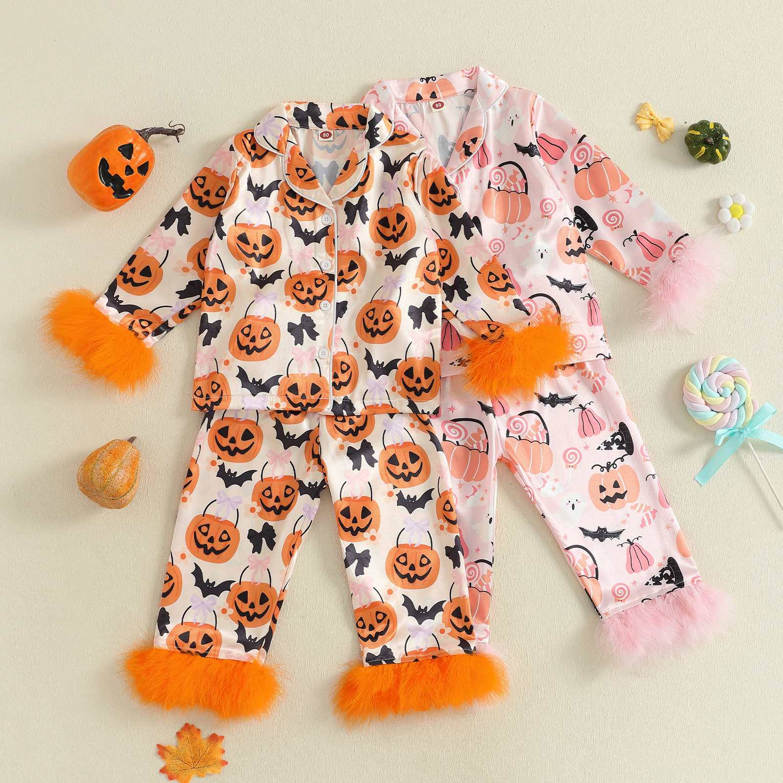 Girls Halloween Pajamas Set Pumpkin Print Feather Cuffs Button Up Shirt and Pants