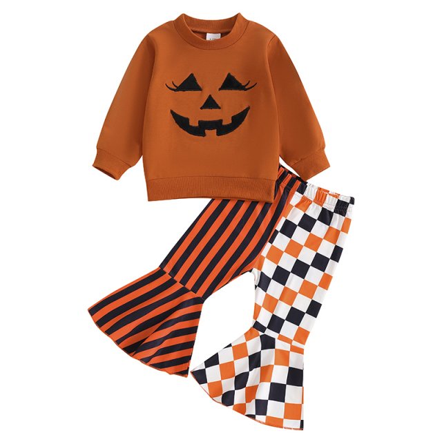 Baby Girl Halloween Outfit Pumpkin Sweatshirt & Striped Flare Pants Set