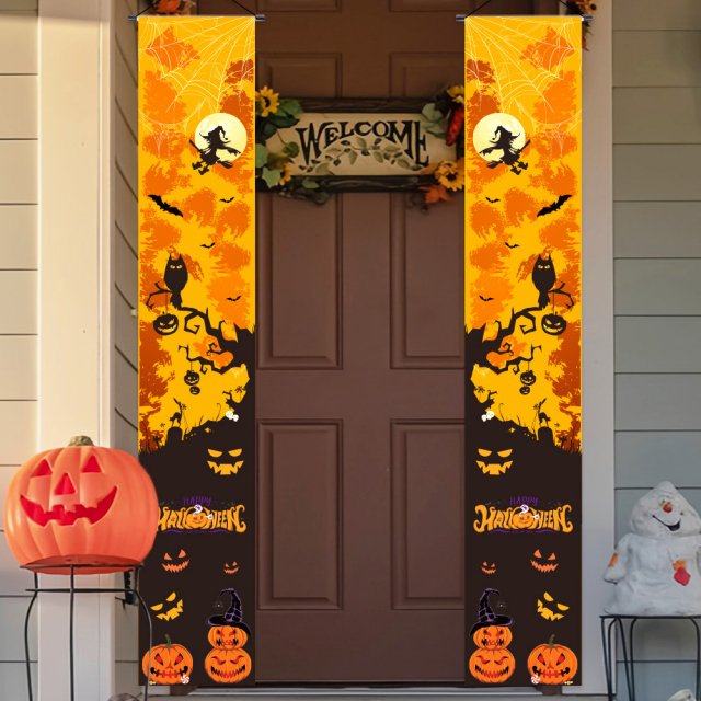 Halloween Pumpkin & Demon Door Banners with Curtains – Spooky Outdoor Decor