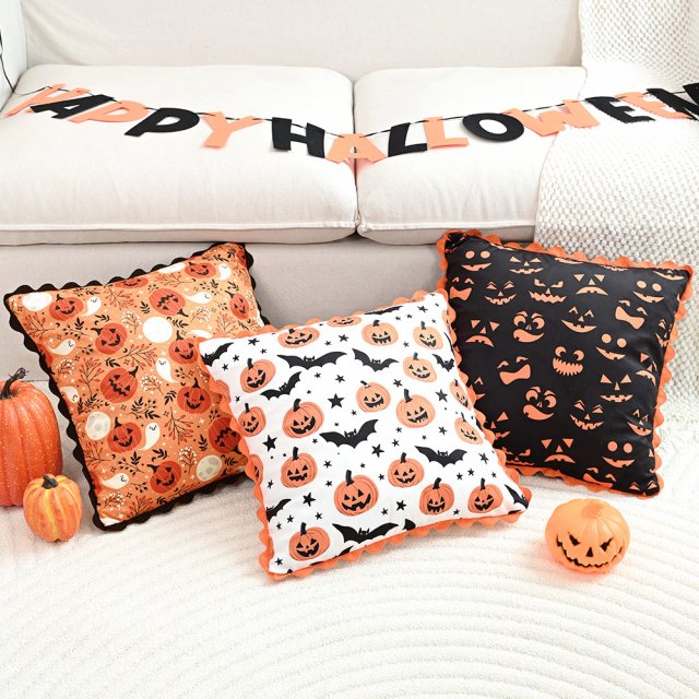 Halloween Pumpkin Bat Print Pillowcase 18x18 Inch Festive Cushion Cover