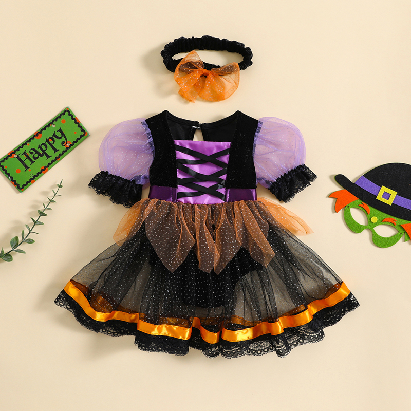 Baby Girl Halloween Puff Sleeve Tulle Romper Dress with Headband - Image 2