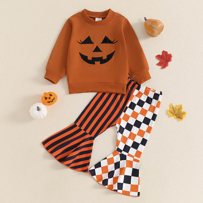 Baby Girl Halloween Outfit Pumpkin Sweatshirt & Striped Flare Pants Set - Image 2