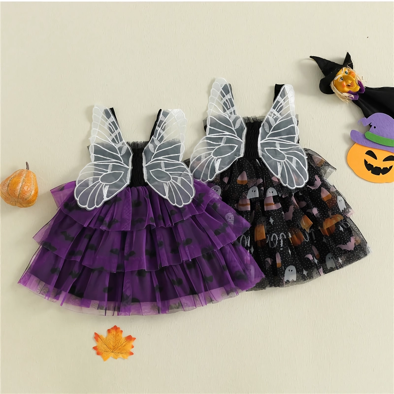 Toddler Baby Girl Halloween Dress with Bat and Ghost Prints & Butterfly Wings