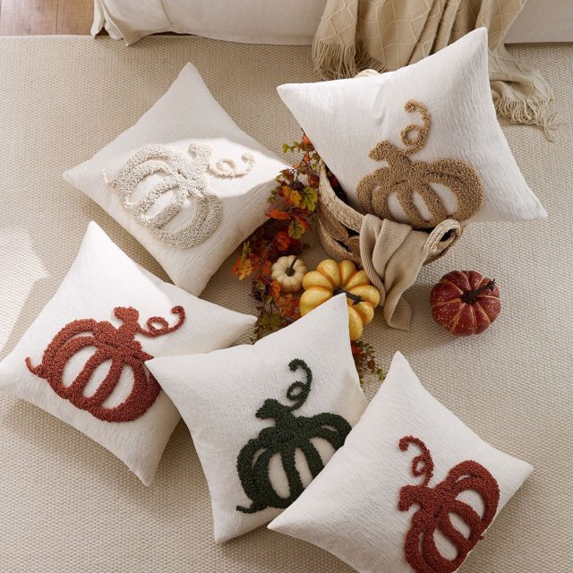 Pumpkin Tufted Chenille Throw Pillow Cover 18x18” – Autumn Harvest Cushion