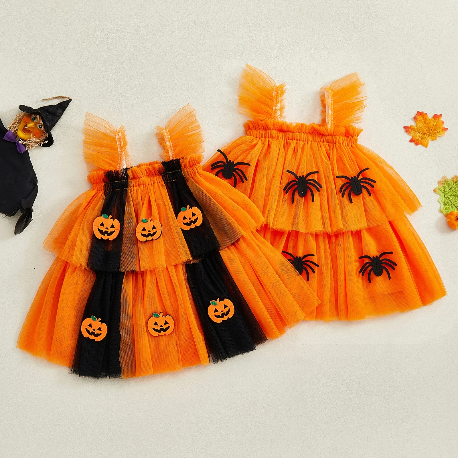 Toddler Baby Girls Halloween Tulle Dress with Pumpkin/Spider Patch