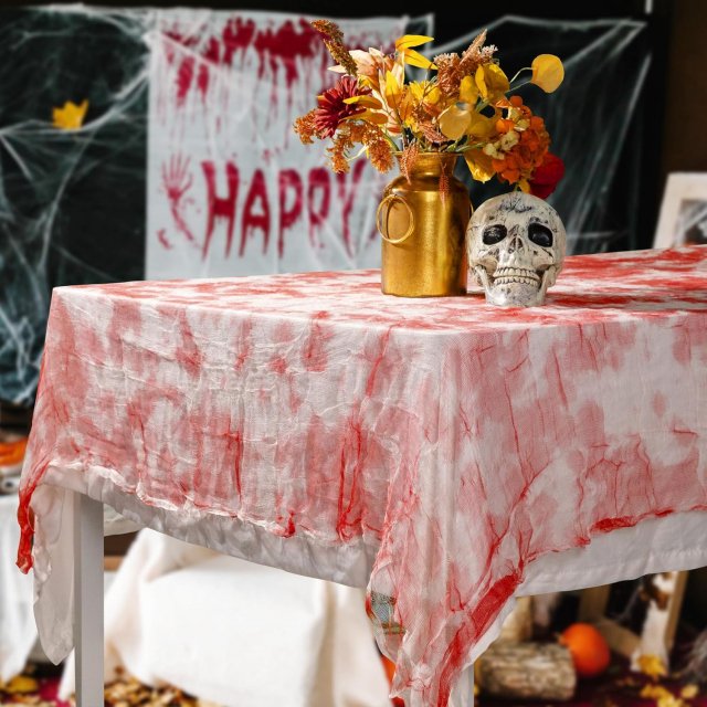 Halloween Bloody Gauze Tablecloth with Handprint Design for Creepy Decor