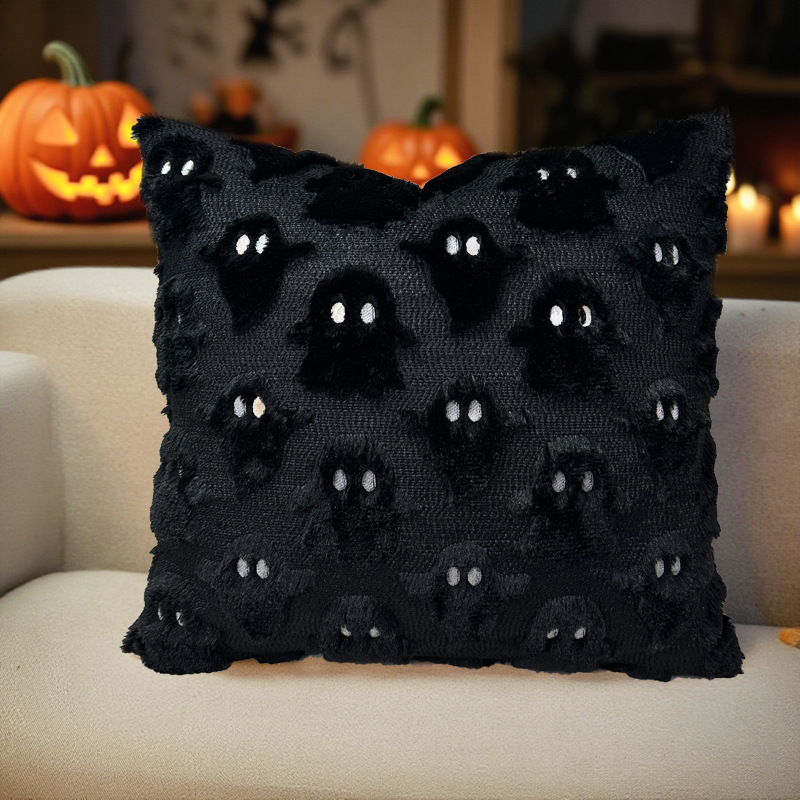 2 Piece Halloween Ghost Embroidery Cushion Covers 18x18 - Plush Black & White - Image 4