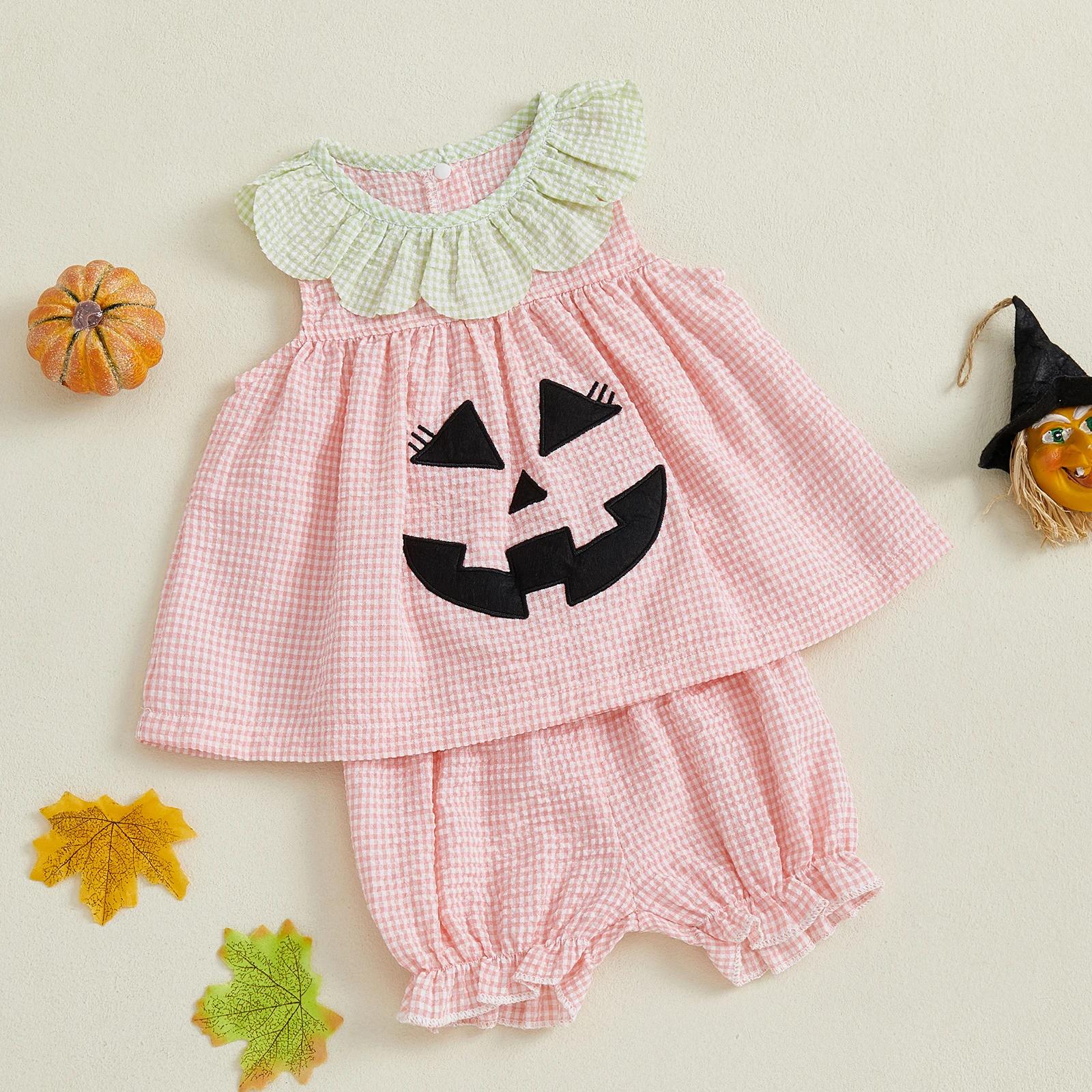 Baby Girl Halloween Outfit Pumpkin Plaid Tank Top and Elastic Shorts Set