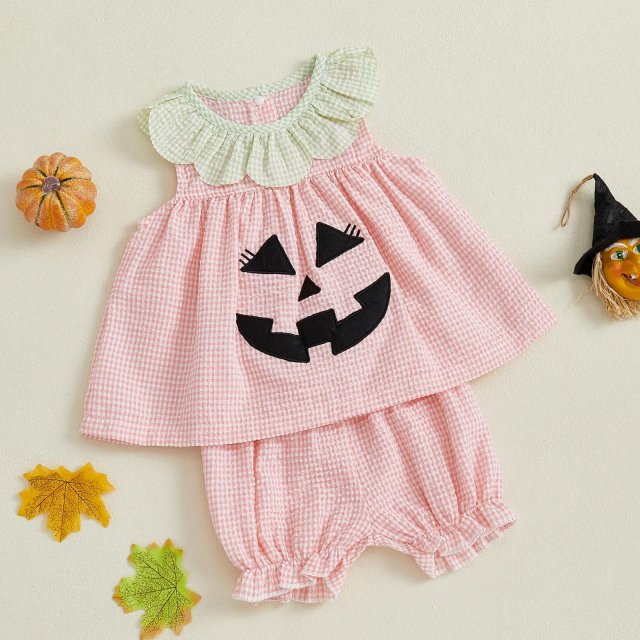 Baby Girl Halloween Outfit Pumpkin Plaid Tank Top and Elastic Shorts Set