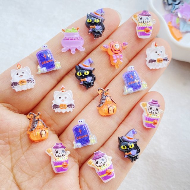 50pcs Halloween Nail Art Charms - Black Cat, Bat, Ghost & Skull Resin Decorations