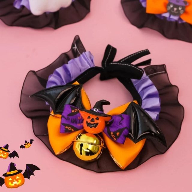 Halloween Pet Collar with Pumpkin Bow & Bat Wings for Cats and Dogs