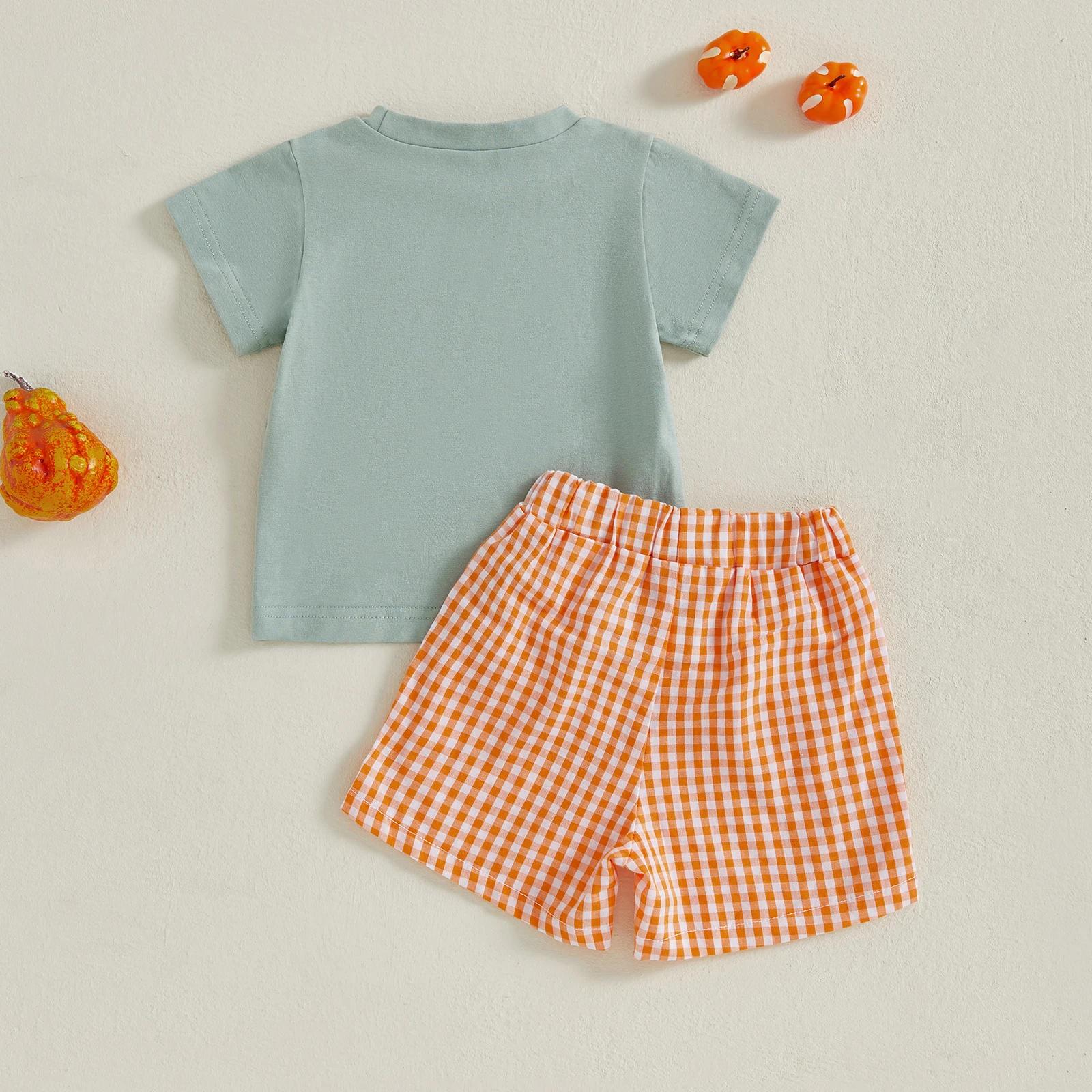 Baby Boys Halloween Outfit Pumpkin T-Shirt and Plaid Shorts Set - Image 4