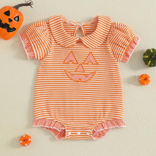 Baby Girl Halloween Pumpkin Plaid Bubble Romper Jumpsuit