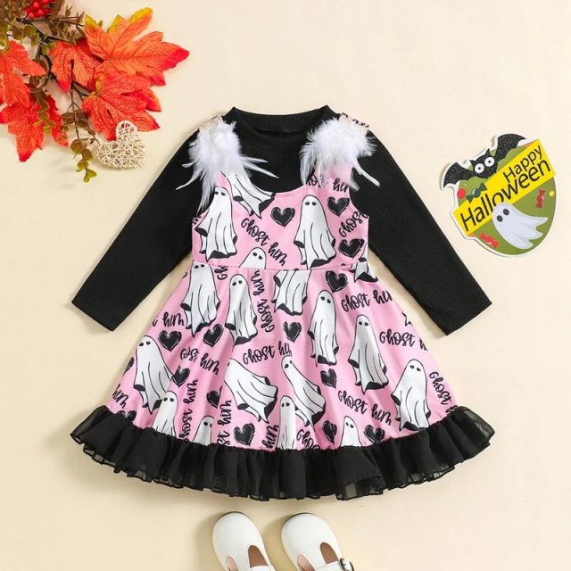 Toddler Girl Halloween Ghost Print Dress Set with Long Sleeve Shirt - Baby Fall Outfit