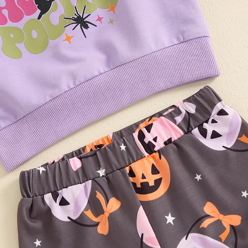 Toddler Baby Girls Halloween Letter Print Sweatshirt & Pumpkin Flare Pants Set - Image 5