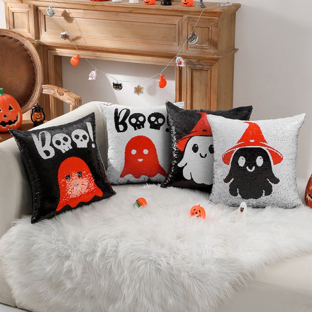 Halloween Ghost Sequin Pillow Cover – Spooky Reversible Cushion for Home & Party