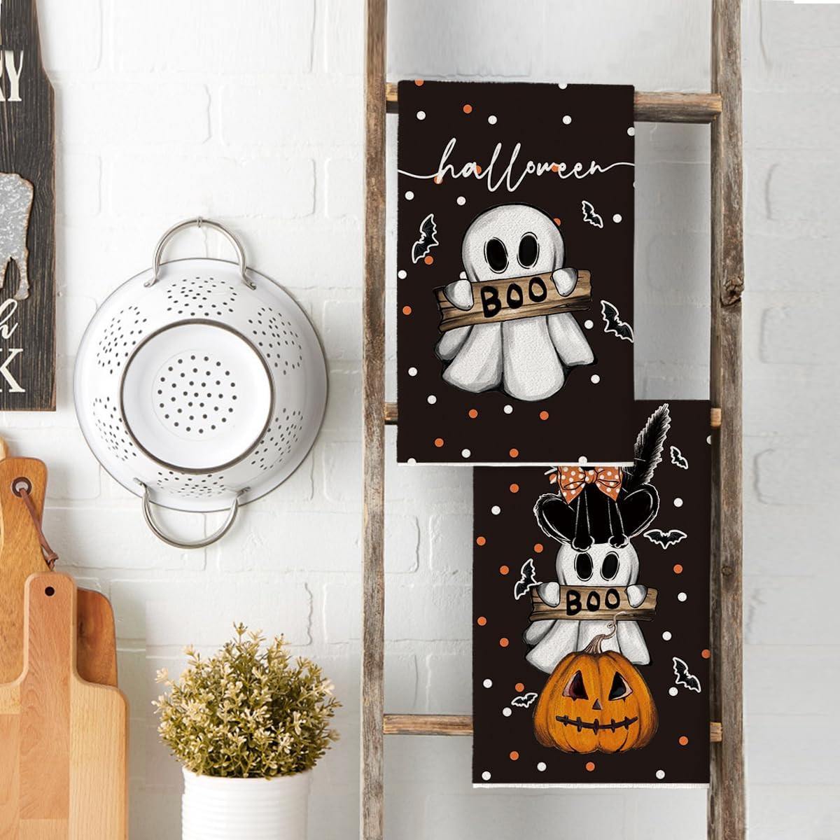 Halloween Cat Pumpkin Ghost Kitchen Towels Set of 2 - Image 2