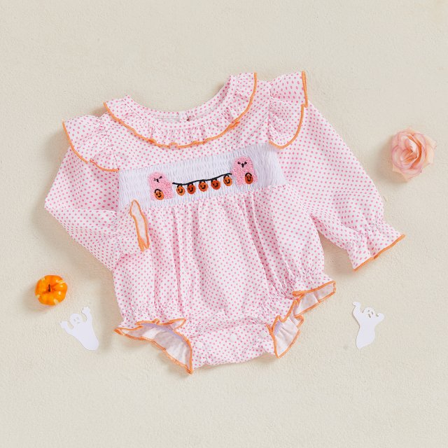 Baby Girl Halloween Romper with Pumpkin Ghost Embroidery – Long Sleeve Fall Jumpsuit
