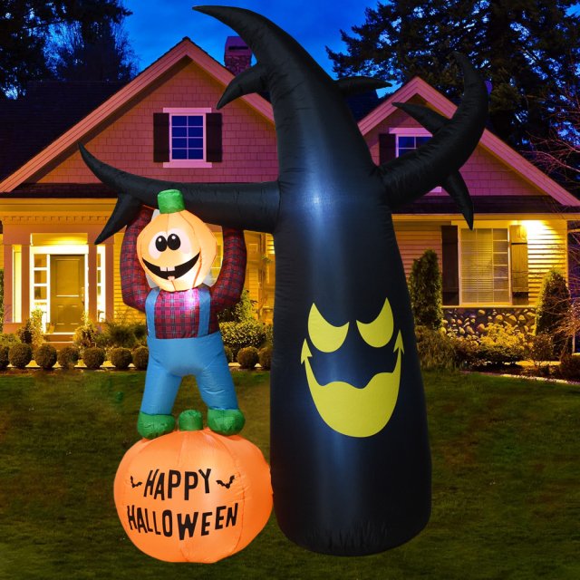 8FT Halloween Inflatable Ghost Tree with Pumpkins and LED Lights