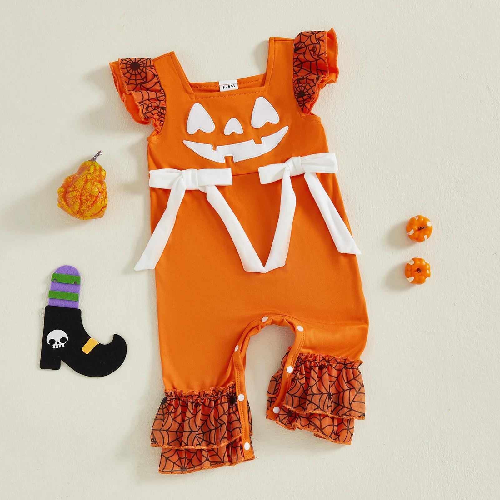 Baby Girl Halloween Ghost Romper with Fly Sleeves and Embroidery - Image 3