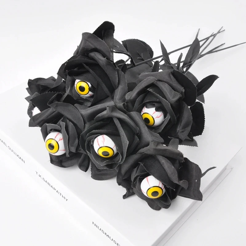 Halloween Black Rose with Eyeball – Scary Silk Flower Decor (5pcs) - Image 4