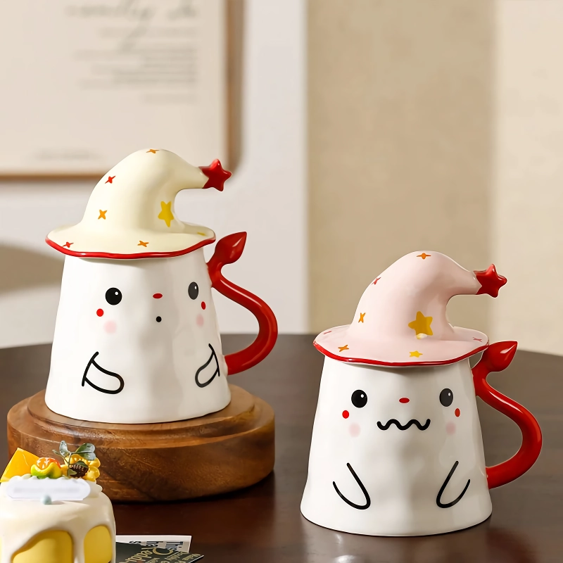 Halloween Ceramic Ghost Mug with Lid - Cute Ghost Magic Hat Coffee Cup - Image 3