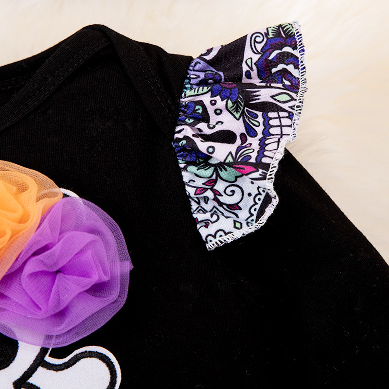 Baby Girl Halloween Puff Sleeve Bodysuit with Skull Skirt and Bow Headband - Image 3