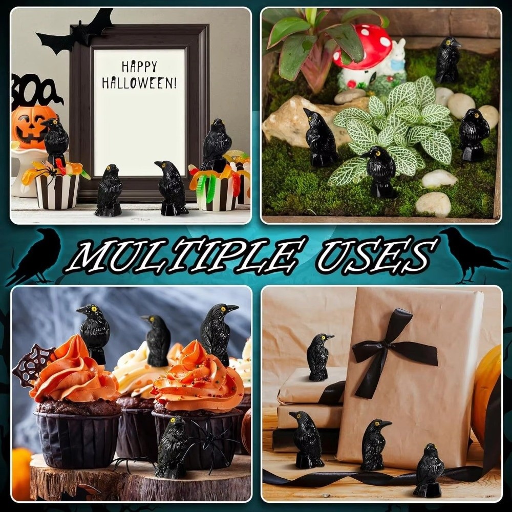 10pcs Realistic Mini Halloween Crow Figurines Resin Black Bird Decorations - Image 2